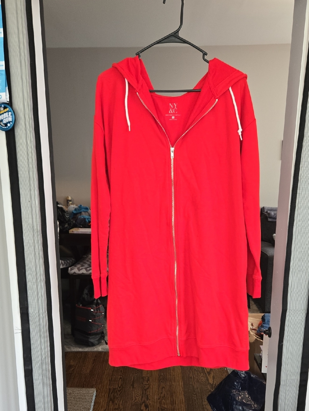 New York & Company Red Zip-Front Hooded Dress